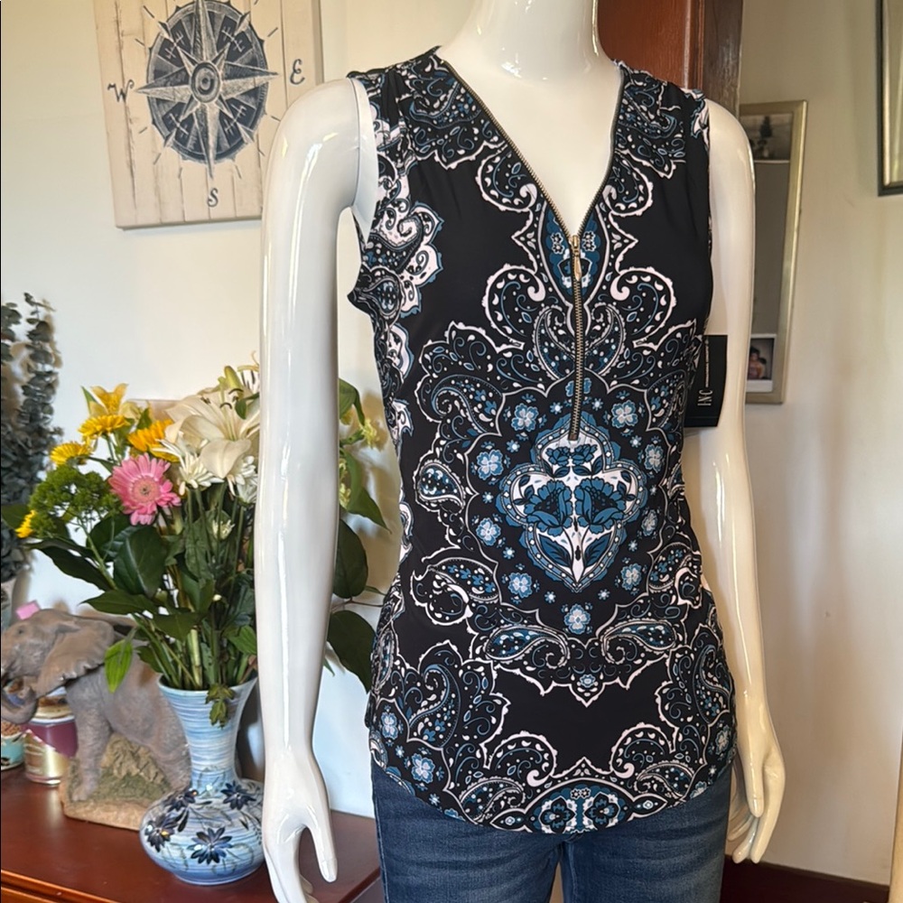 NWT international concept size small Black and Blue Paisley Women's Top
